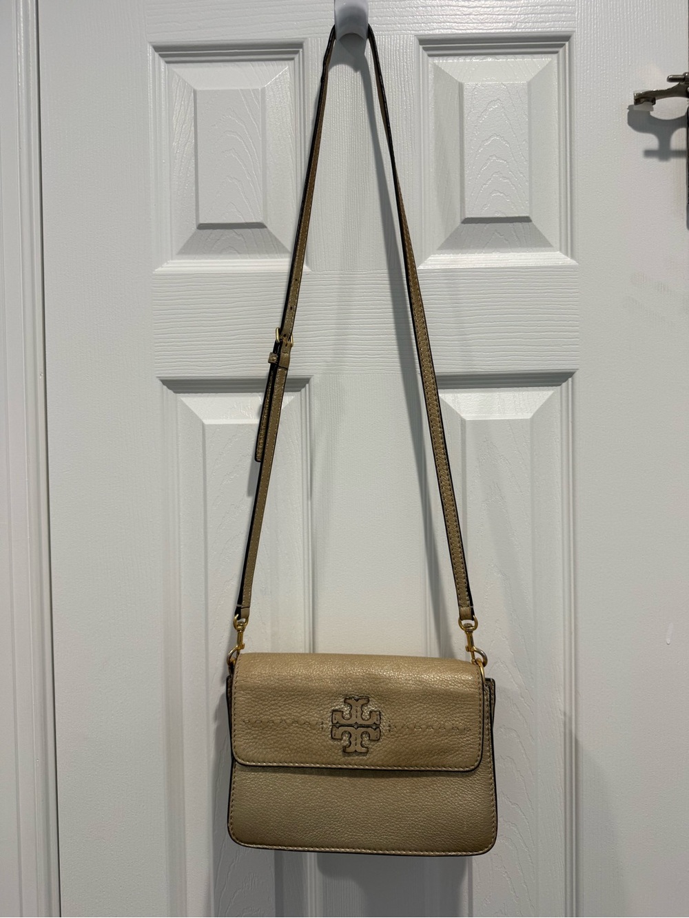 Tory Burch Gold Pebbled Leather Crossbody with Logo